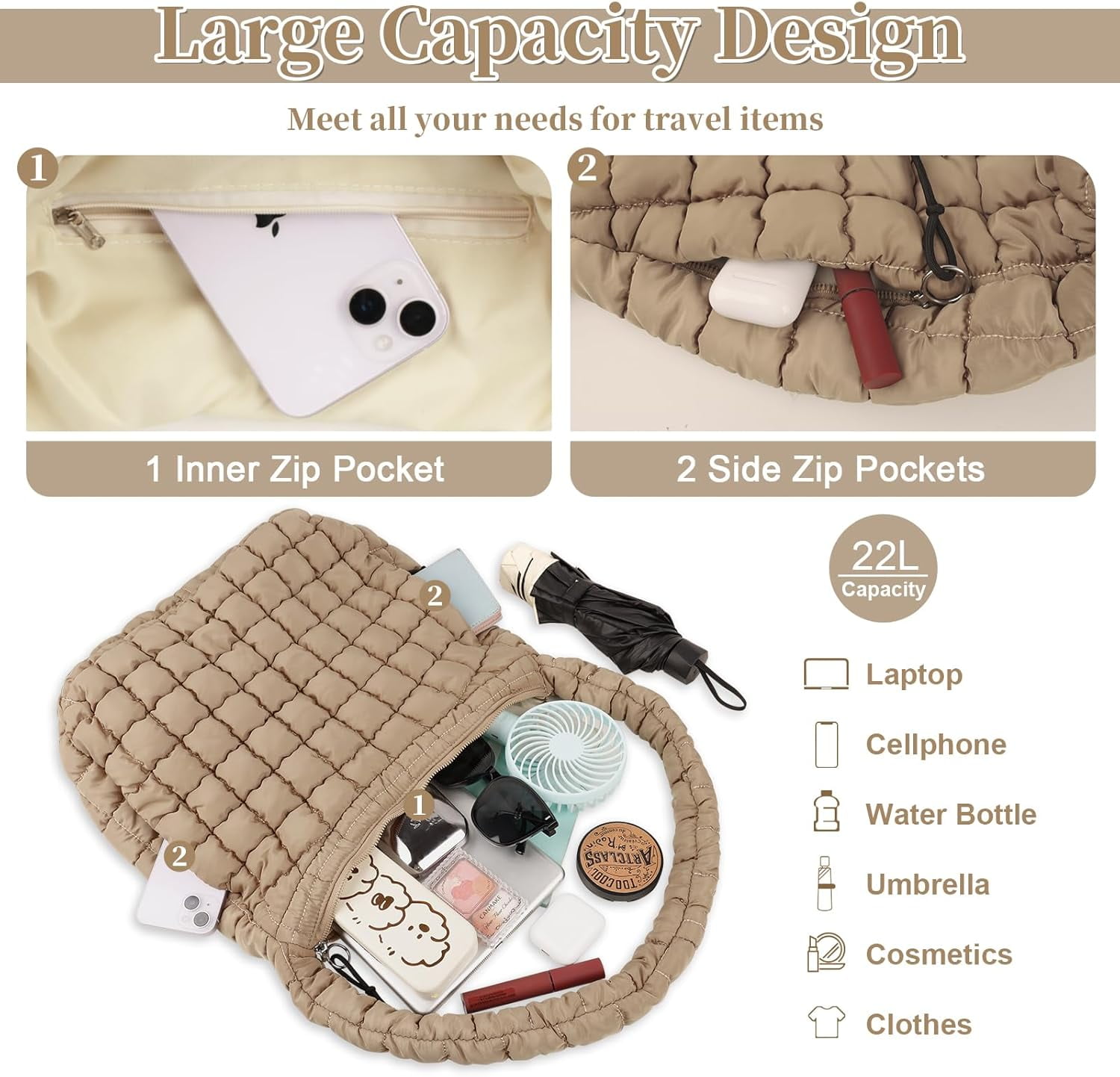 Lohol Quilted Puffer Tote Bag for Women - Large Crossbody Bag, Lightweight Nylon Puffy Carryall Hobo Puff Shoulder Bag-Khaki