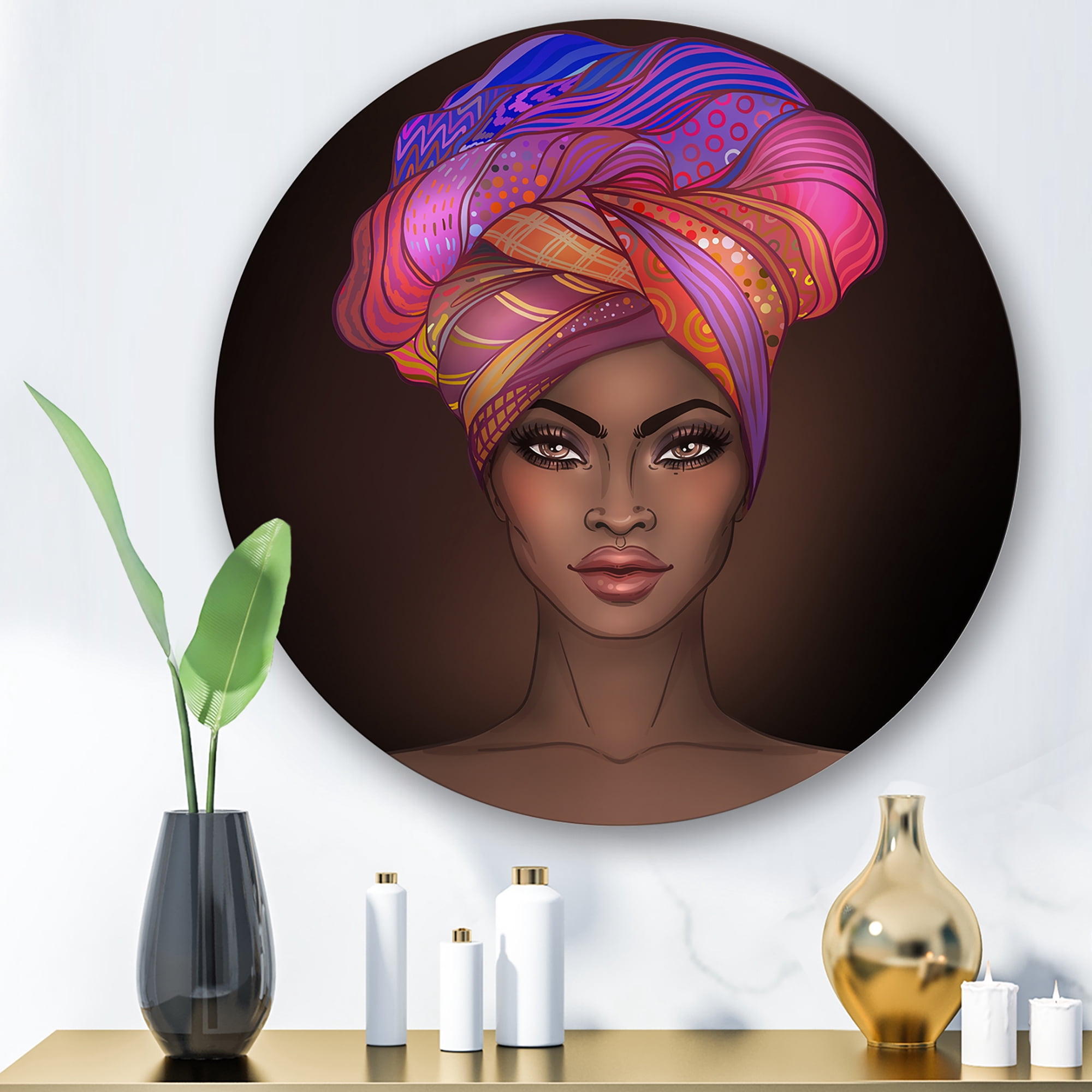 Designart 'African American Woman Portrait with Turban VI' Modern Circle Metal Wall Art 23x23 - Disc of 23