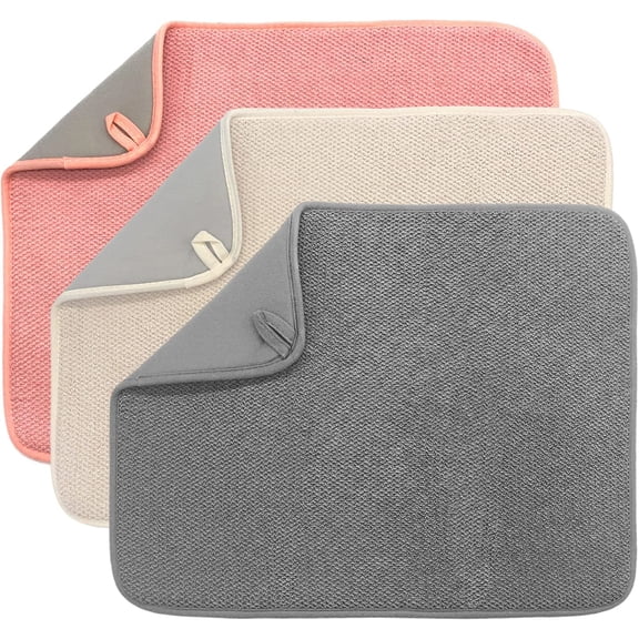 3 Pack Dish Drying Mat,20 X 15 Inch Ultra Absorbent Microfiber Dishes Drainer Mats,Large Size Dish Drying Pad for Kitchen Counter,Coffee,Rack,Under Sink,Countertops,Pinstripe(Beige/Grey/Pink)