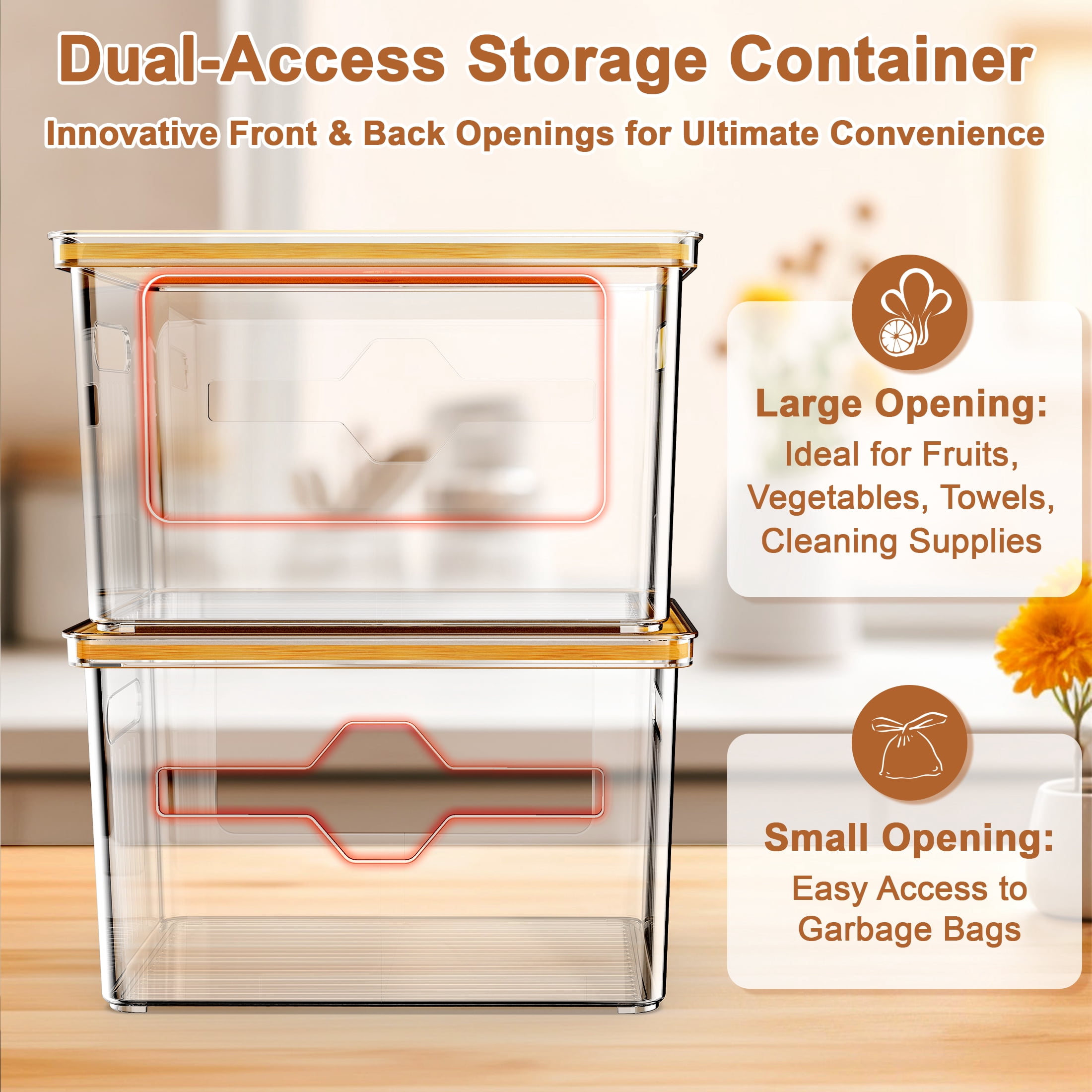 Hnrifc 2 Pack Stackable Storage with Bamboo Top for Laundry Room Organization, Extra Large Trash Bag/Garbage Bag Dispenser, Under Sink Organizer, Pantry Organizers