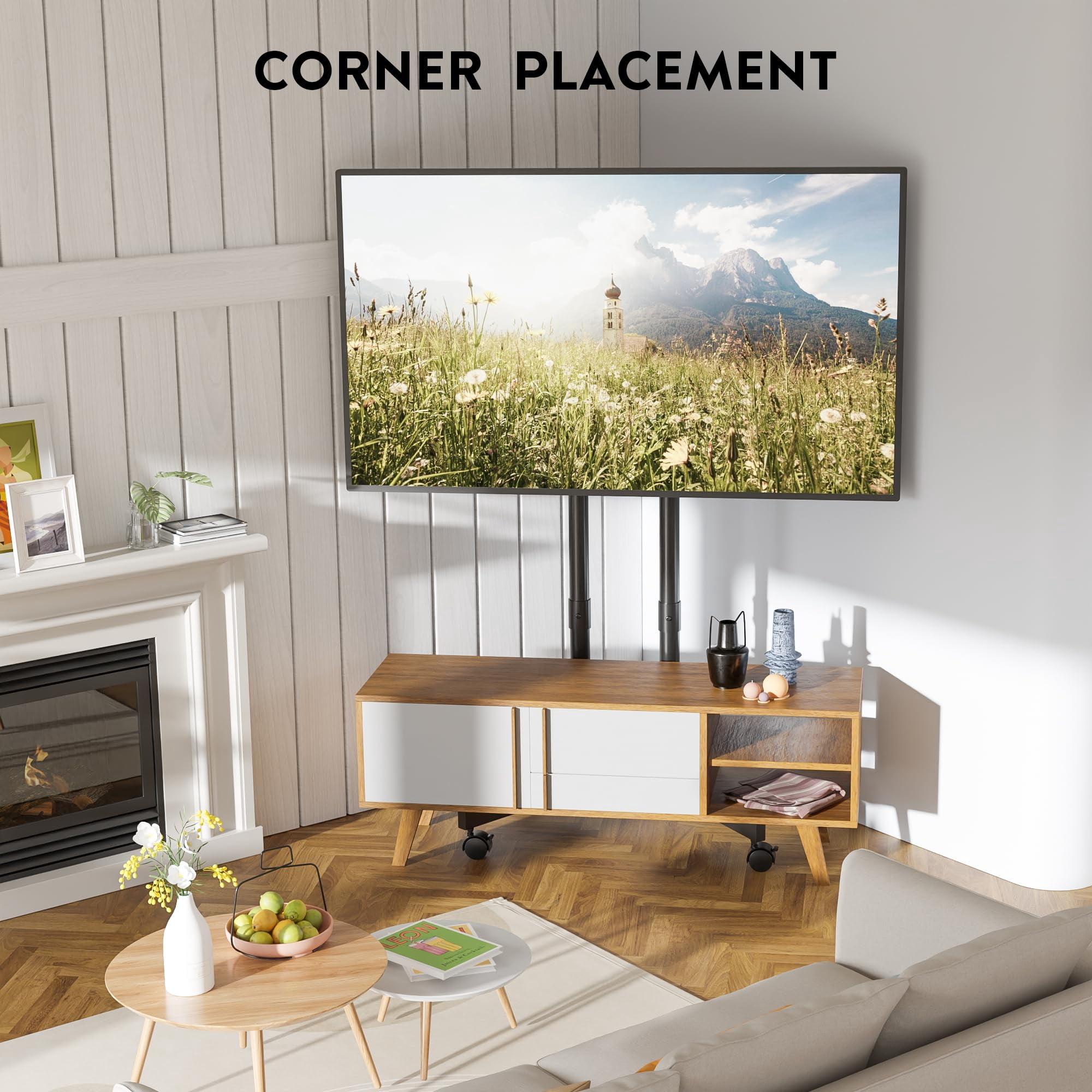 BONTEC Rolling TV Stand for 32-75 Inch TVs, Height Adjustable Mobile TV Cart on Wheels, Heavy Duty TV Stand Supports Up to 110lbs, Stable Dual-Column Design, Cable Management, Indoor, Outdoor