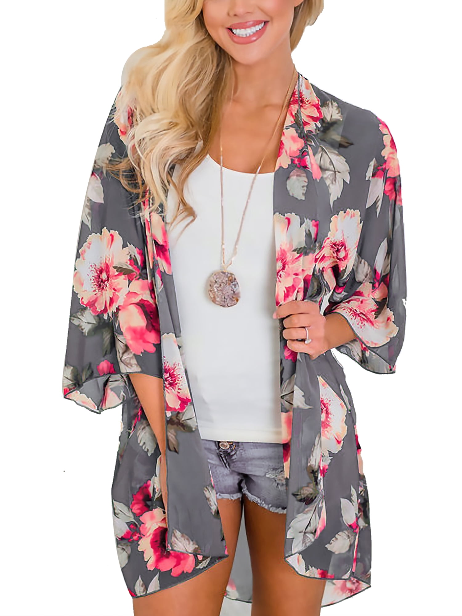 ZOMUSAR Women Bikini Cover Up Women 3/4 Sleeve Floral Cover Casual Blouse Loose Kimono Cardigan Capes Tops 