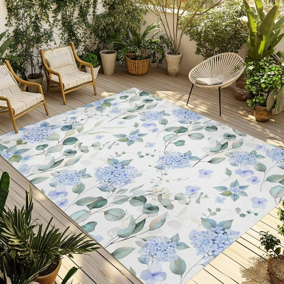 Fsddascl Blue Flower Outdoor Rug for Patio/Deck/Porch, Non-Slip Large Area Rug 4 x 6 Ft, Sage Green Eucalyptus Leaf Farmhouse Country Indoor Outdoor Rugs Washable Area Rugs, Camping Rug Carpet