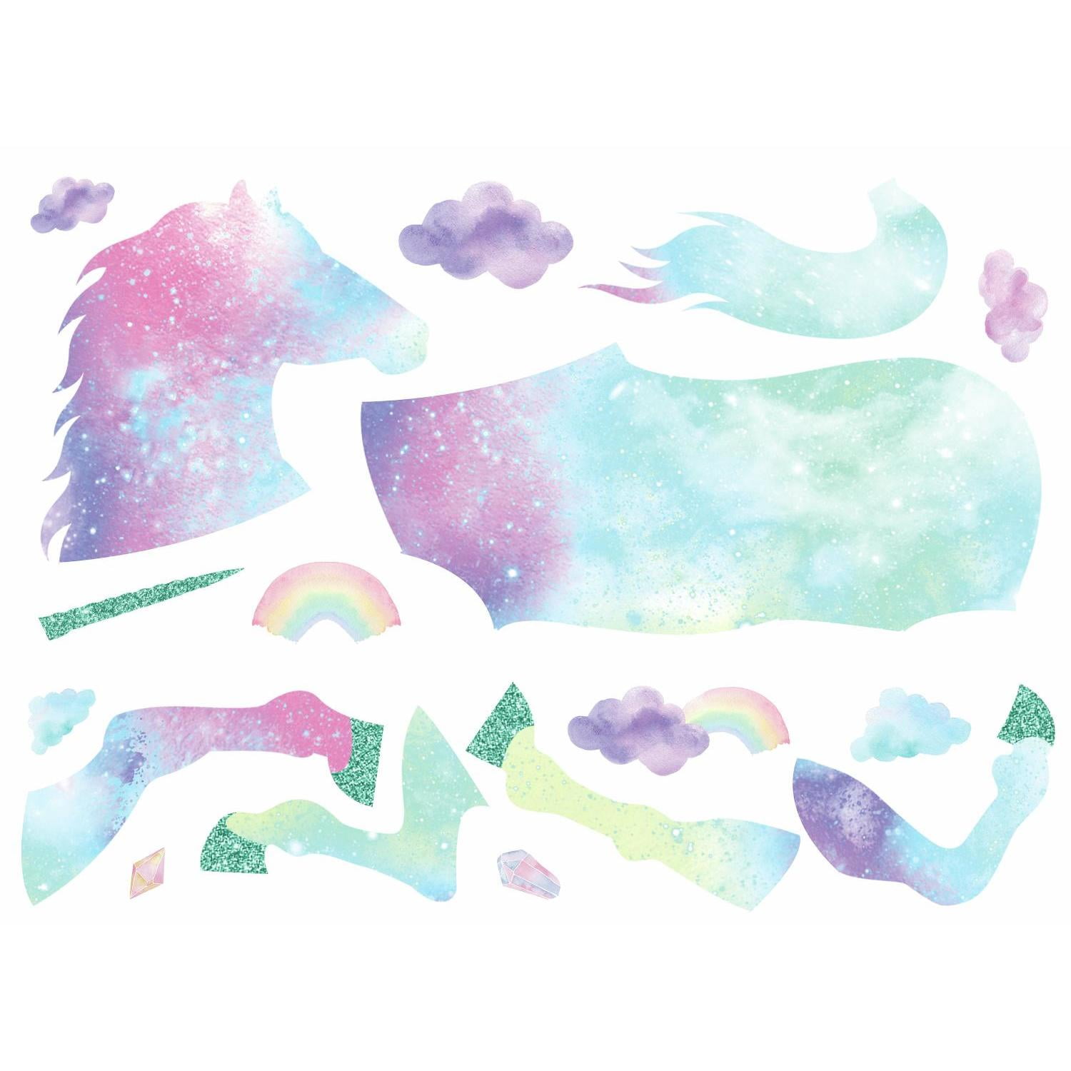 Galaxy Unicorn Peel And Stick Giant Wall Decal with Glitter Rainbows, Clouds, Gemstones Stickers