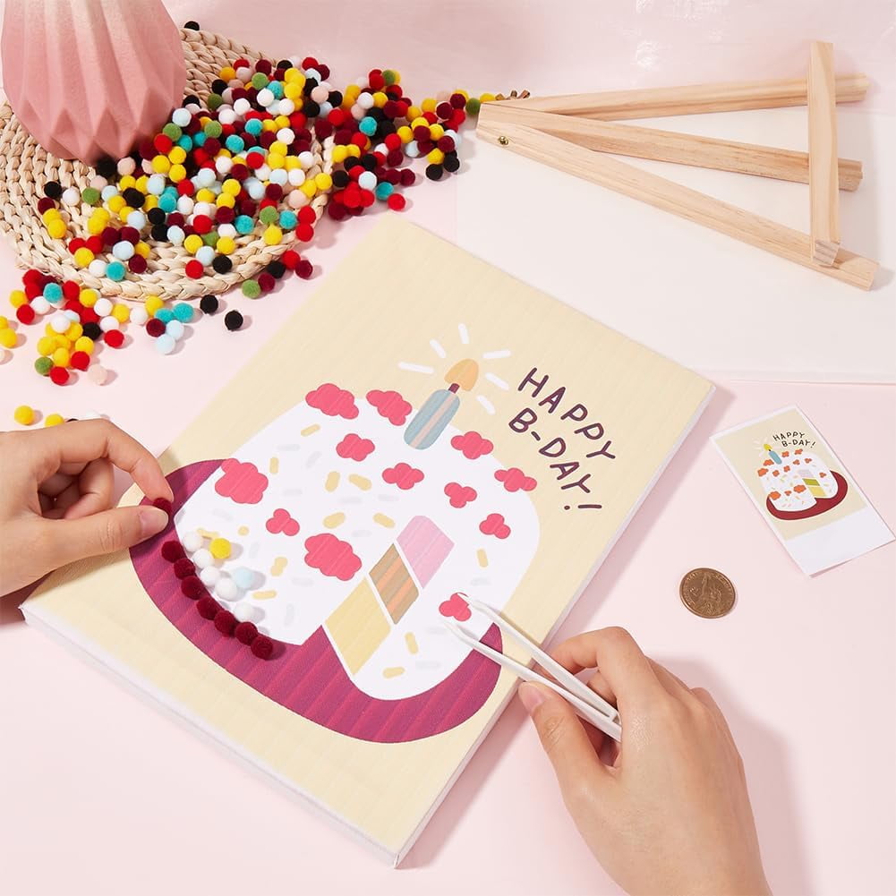 Pom Pom Painting Art Colorful Small Fluffy Balls Birthday Cake Drawing Board Pom Pom Pictures Craft with Wood Easels Photo Frame Pompoms Art Kit