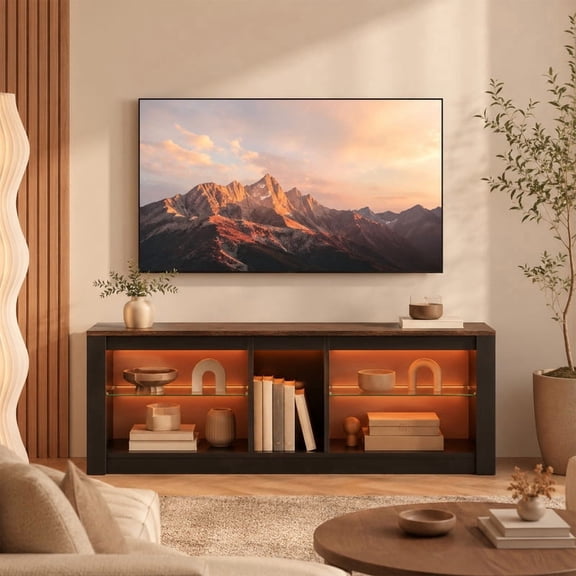 LIVIZA Modern TV Stand for TVs up to 65 " with LED Light, Entertainment Center Console Table with Tempered Glass Adjustable Shelves