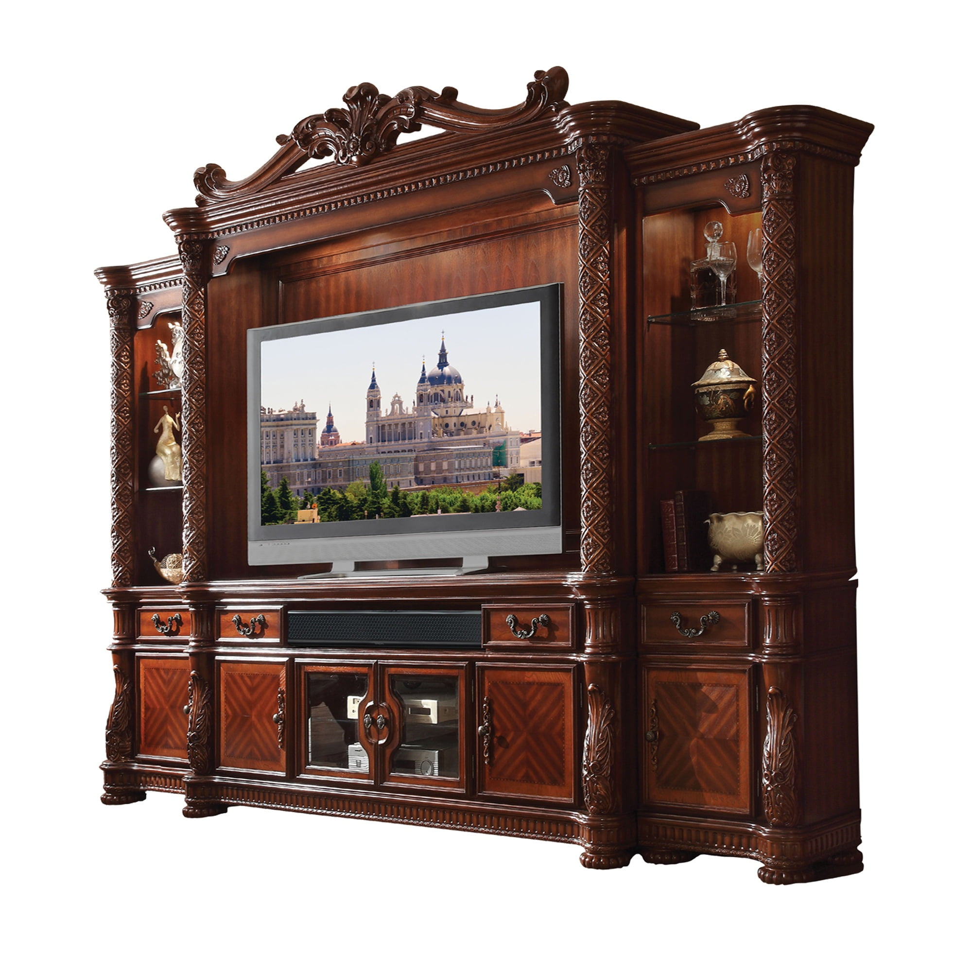 Crown Top Wooden Entertainment Center with Spacious Storage, Brown