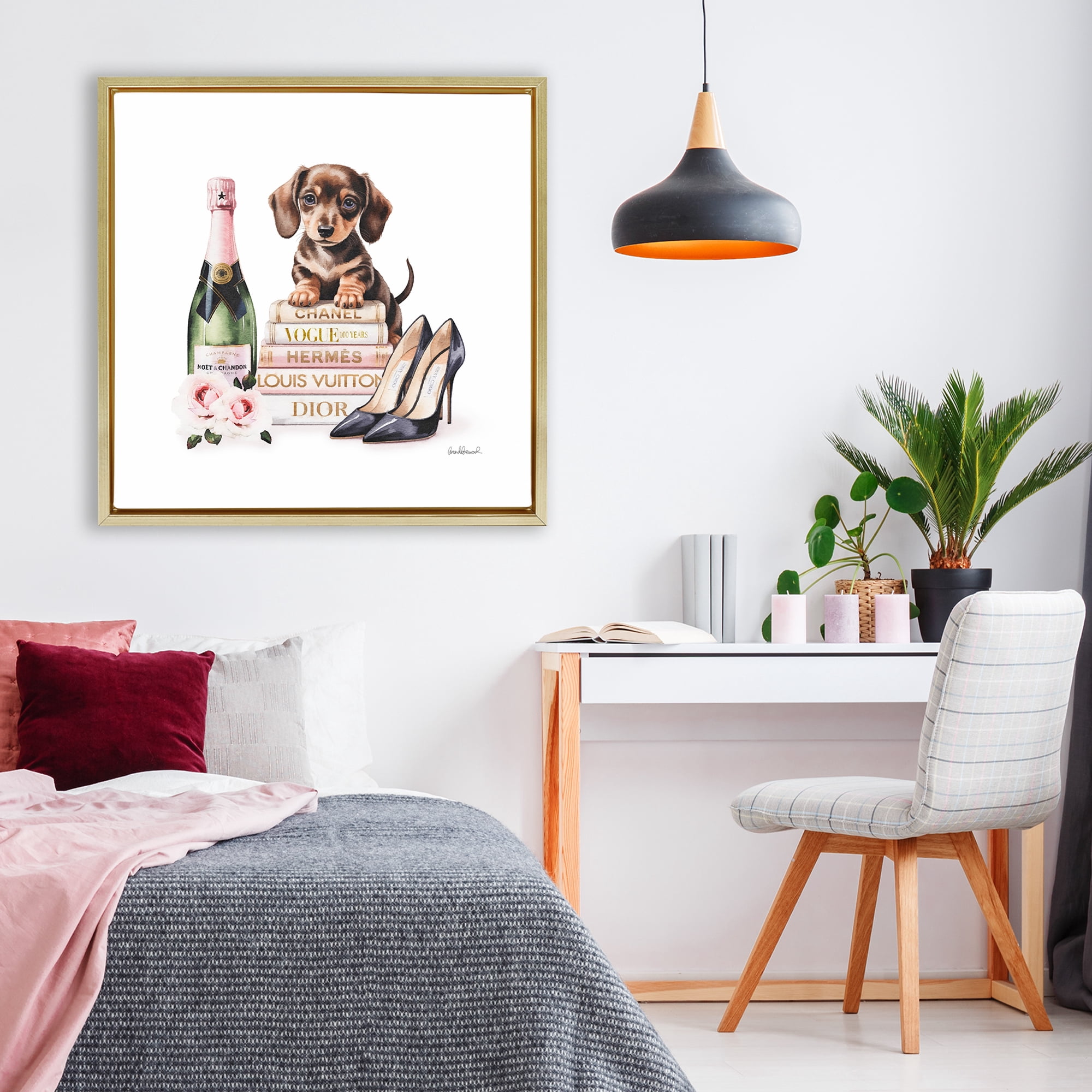 Stupell Industries Luxury Books & Puppy Gold Framed Floater Canvas Wall Art, design by Amanda Greenwood