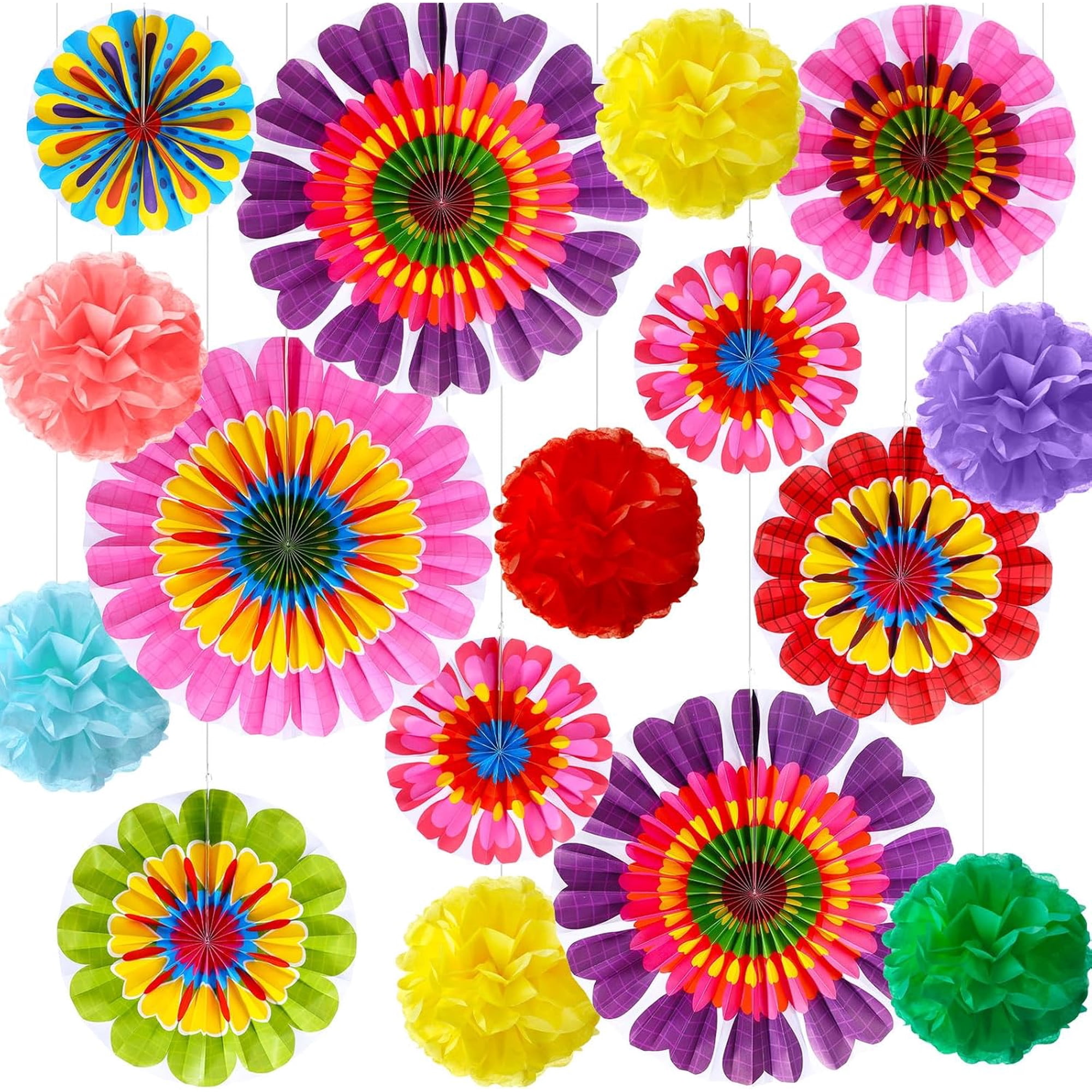 21 Pcs Spring Flower Hanging Paper Fans Flower Paper Fans Classroom Decorations Springtime Summer Tissue Pom Poms for Ceiling Wedding Birthday Party Supply Classroom Decor(Spring Flower)