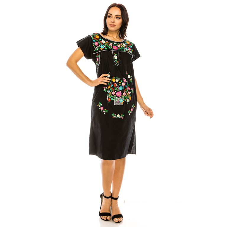 unik Embroidered Traditional Mexican Dress Colorful Flowers (Black 2, L) -  Walmart.com
