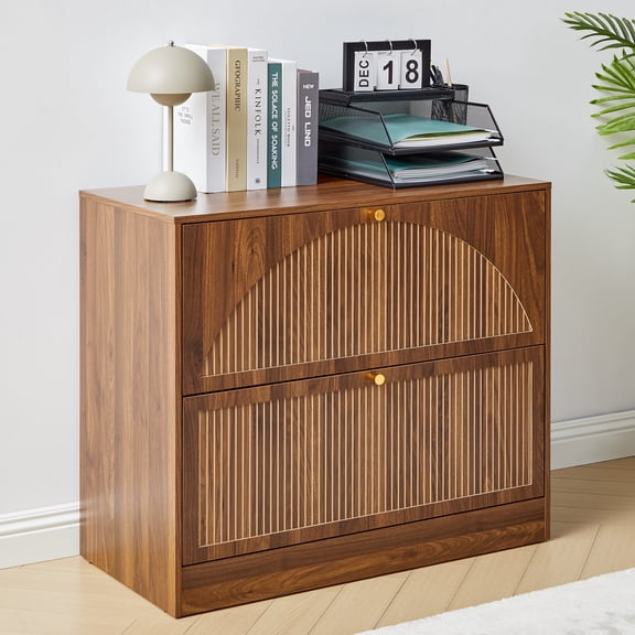 Walnut 2-Drawer Wood File Cabinet, Vertical Filing Cabinet for Letter/A4-Sized Files, Modern Fluted Design Storage Organizer, Easy to Assemble for Home Office
