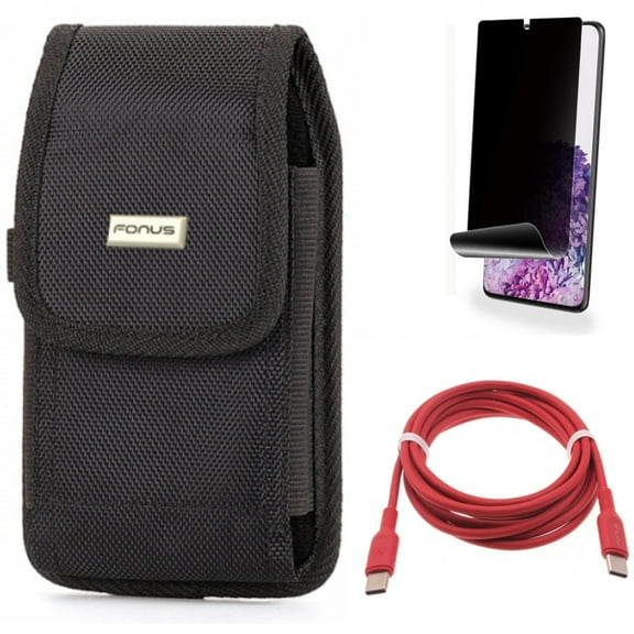 Privacy Screen Protector w Case Belt Clip w Red 6ft Long Cable for Samsung Galaxy S20 Plus - TPU Film [NOT GLASS] [Fingerprint Works], Swivel Holster Rugged, USB-C to Type-C PD fits Galaxy S20 Plus