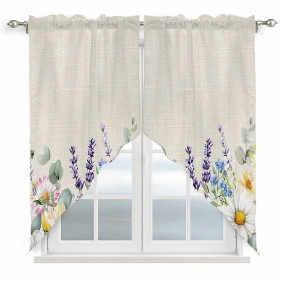 Spring Flowers Swag Curtains for Kitchen/Bedroom/Living Room, Farmhouse Botanical Floral Wildflowers Scalloped Curtains 63 Inch Long, Window Swag Topper Curtains Valances 2 Panels Set 36"x63"