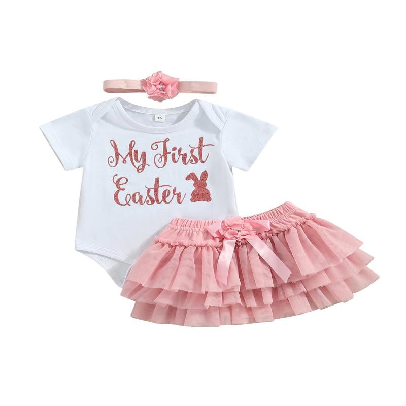 Baby Shark 2-piece Toddler Girl Easter Letter Print Cotton Tee and Polka dots Mesh Skirt Set