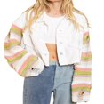 thumbnail image 4 of Women Denim Patchwork Jacket Button Down Distressed Cropped Denim Jacket Striped Pattern Long Sleeve with Pockets Streetwear, 4 of 8