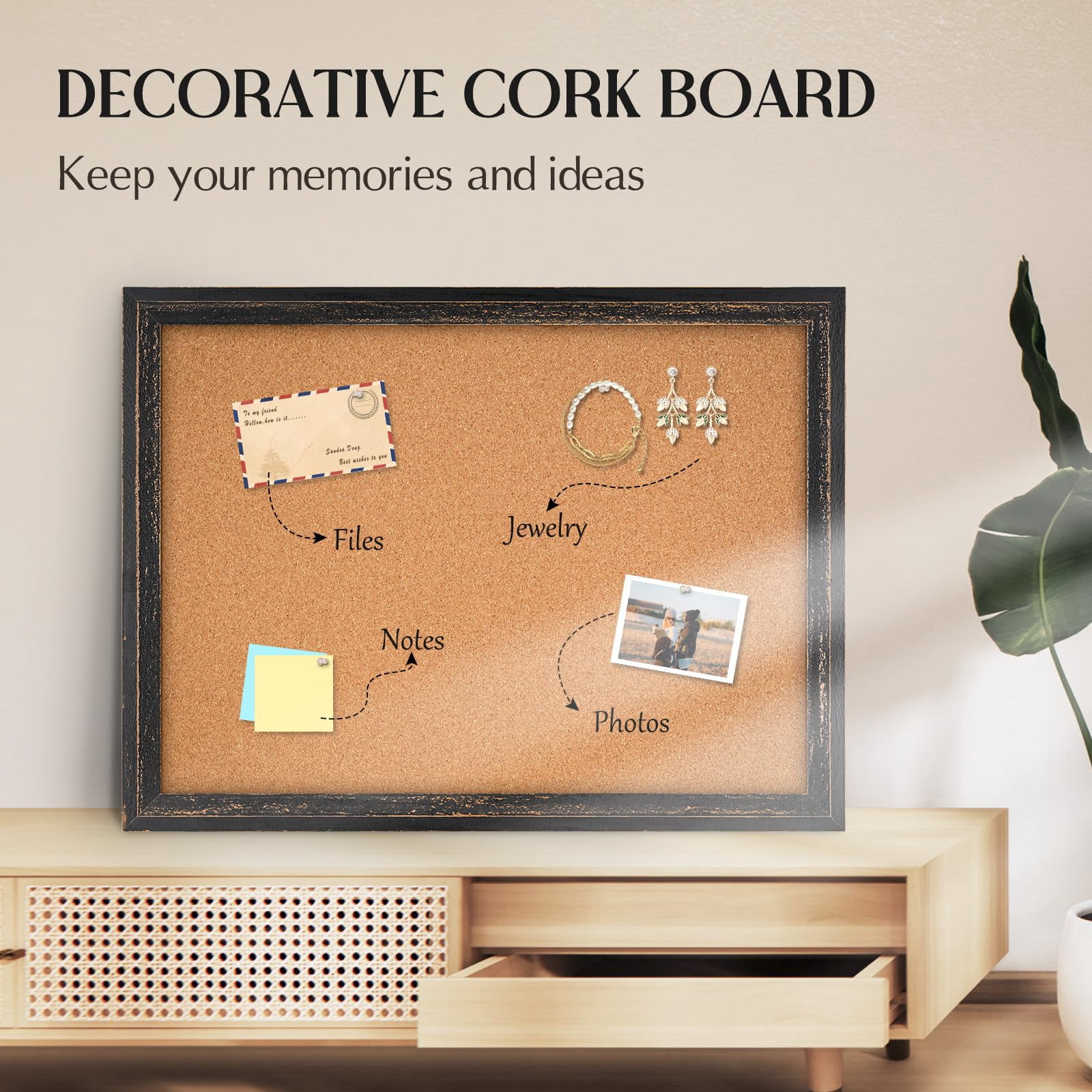 Cork Board Bulletin  30" X 20" Corkboard For Wall Rustic Black Wooden Frame Decorative Hanging Pin Home Office Room Decor 10 Push Pins