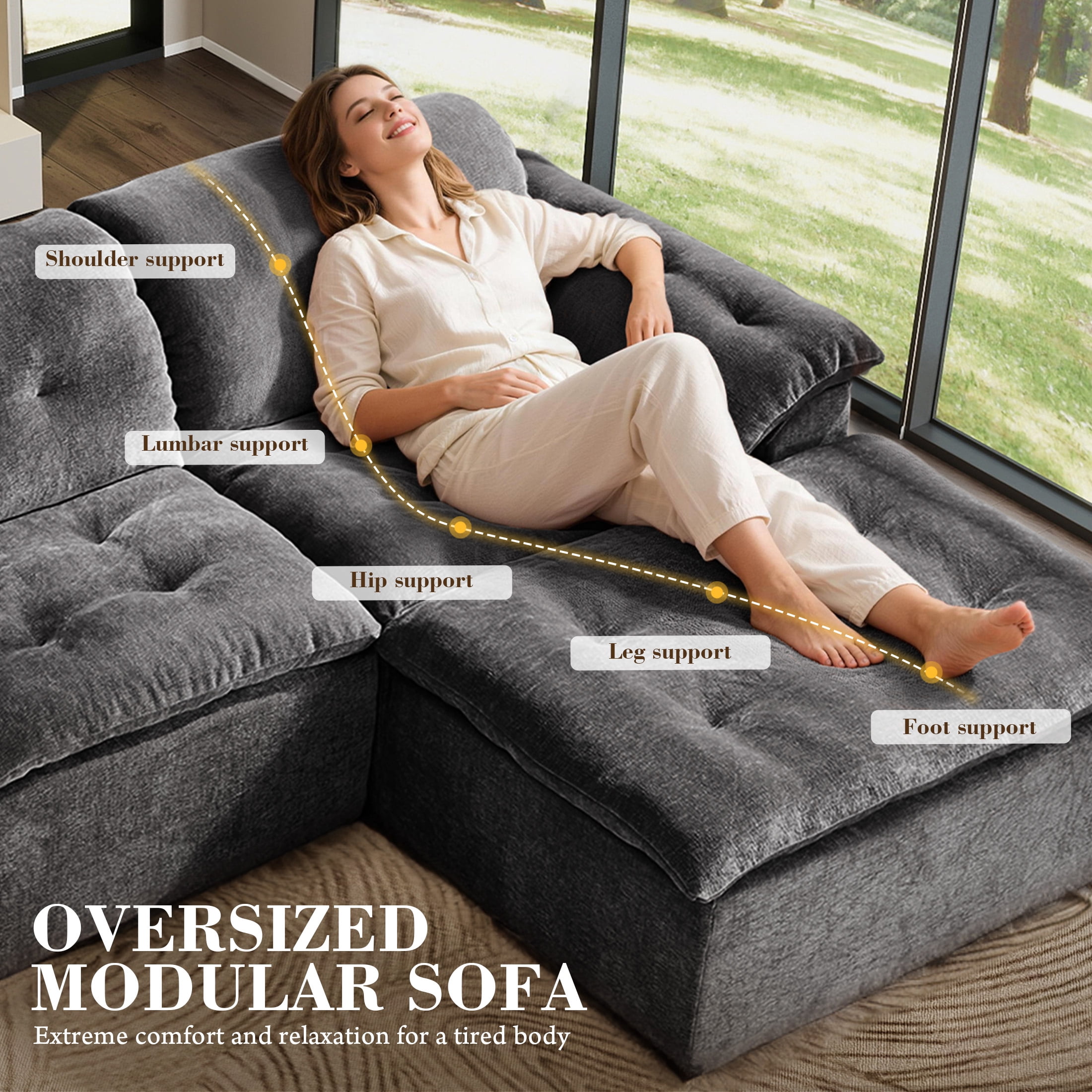 Aukfa 4-Piece L-Shaped Modular Sectional Sofa with Ottoman for Living Room, Ice Flower Chenille, Gray