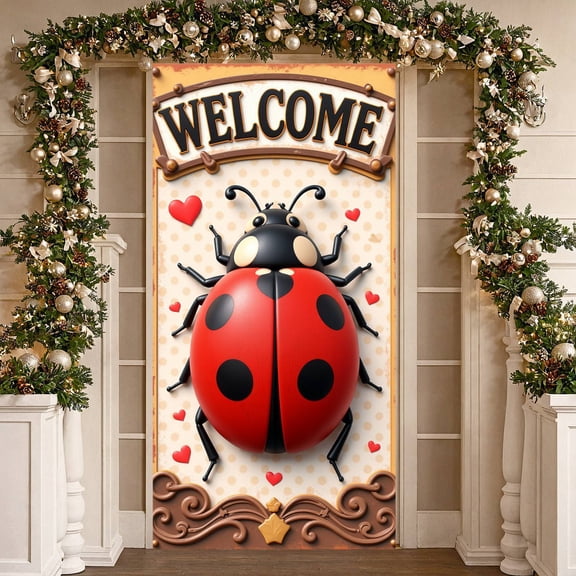 Ladybug Design Welcome Banner Red Hearts Ladybug Display Polka Dot Pattern Vintage Border Heart Backdrop for Garden Party Kids Birthday Welcome Event