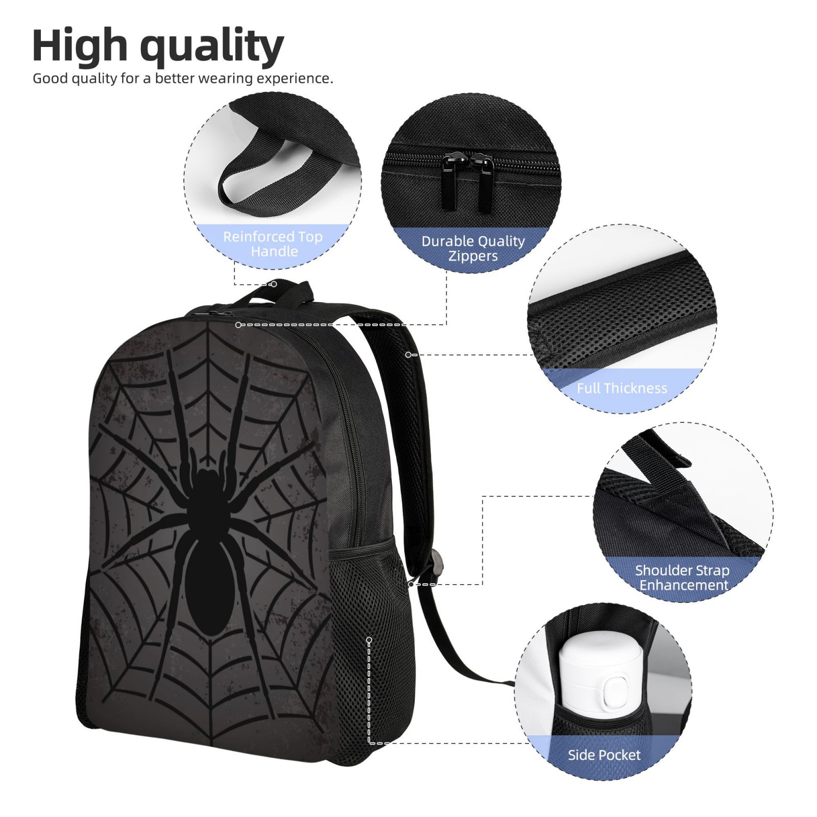 Xecao Black Spider On Web 1 Print School Backpack with Laptop Compartment Small Travel Laptop Backpack for Women Men Waterproof College Backpack Simple School Bag