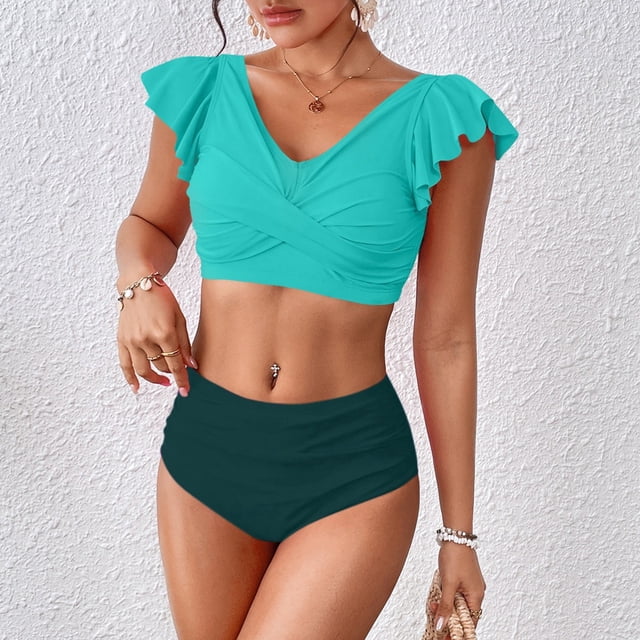 Women's Swimsuit Two Piece Swimsuit High Waist Ruffled Strap Set plus Size Bathing Suits for Women with Shorts Swim Trunks for Women with Pockets Womens Bathing Suits plus Size Shorts Swim Suites