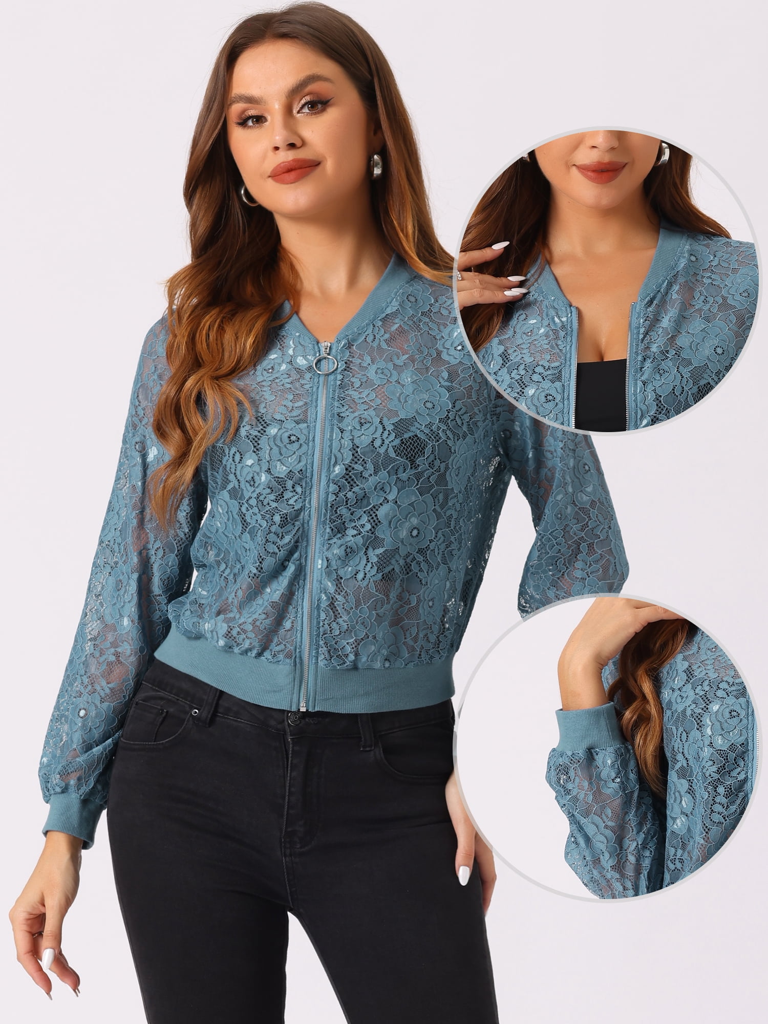DARING DIVA Women's Lace Jackets Stand Collar Zip Up Gothic Sheer Baseball Jacket L Blue Grey