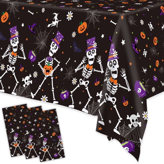Wowhub 3 Pack Halloween Disposable Tablecloths, 54 x 108 Inch Halloween Skeleton Theme Plastic Disposable for Rectangle Tables Halloween Supplies, Black