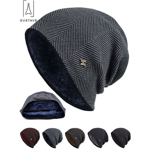 Gustave Winter Beanie Hat for Men Women Knit Fleece Lined Warm Slouchy Skull Cap Comfort Daily Soft Thick Baggy Beanies (Navy)