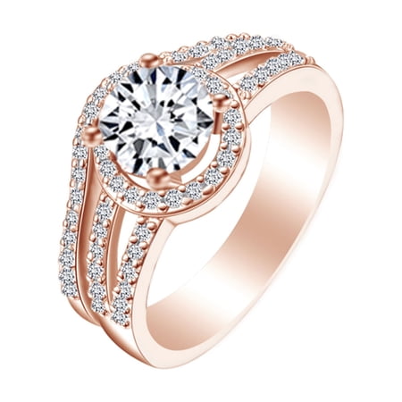 AFFY Round Shape White Cubic Zirconia 14k Rose Gold Over Sterling Silver Halo Bridal Ring Set