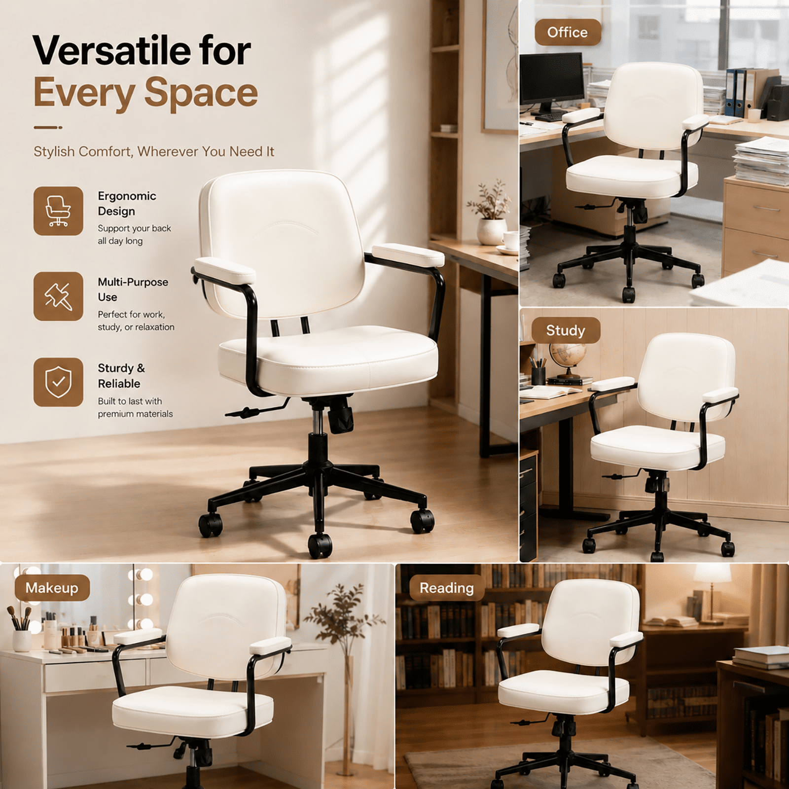 Ergonomic Office Chair, PU Leather Executive Desk Chair with Fixed Armrests, Adjustable Height, Rocking Function, 360° Swivel Rolling Wheels Beige