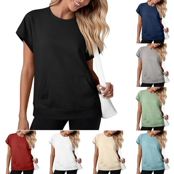 Diufon Short Sleeve Sweatshirt for Women Summer Trendy Sweatshirts with Pockets Dressy Casual Crewneck Work Tops