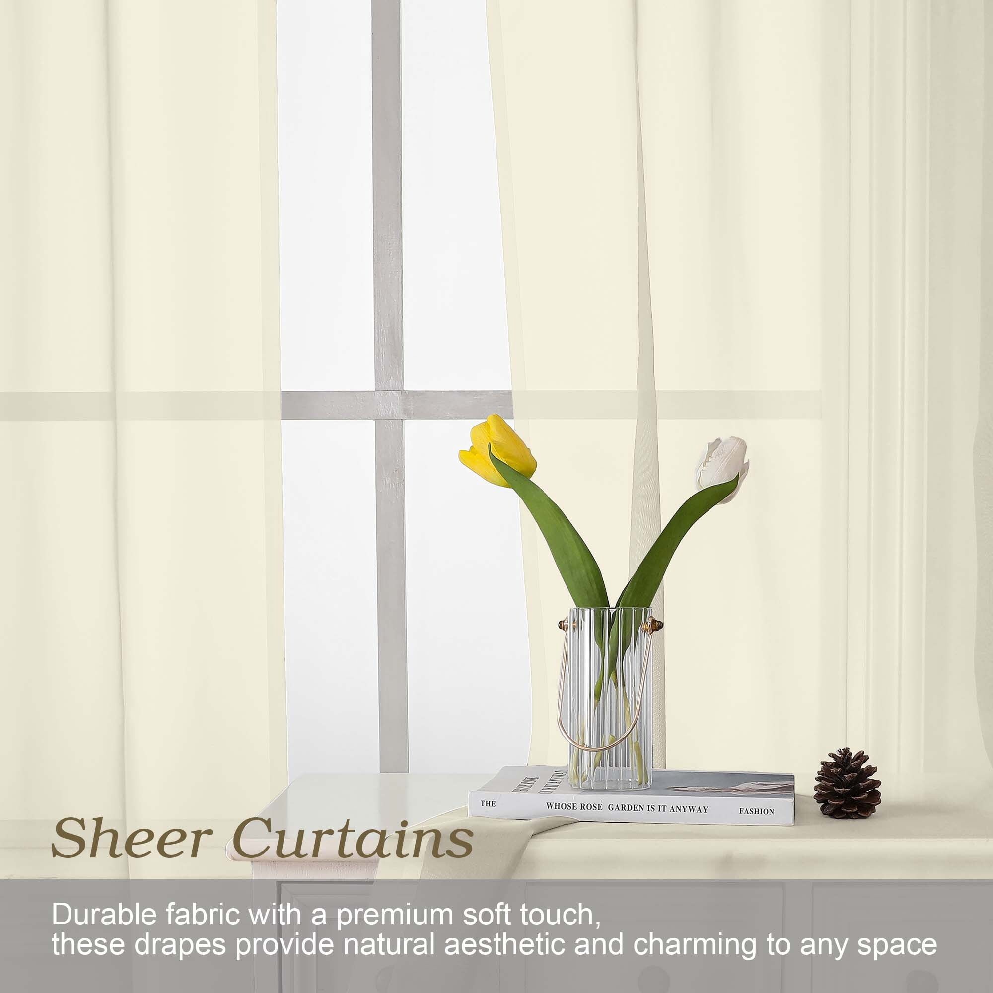 Patin Cream Sheer Curtains for Living Room 108 Inches Long 2 Pcs, Solid Color Voile Lightweight Bedroom Curtains for Dining Room, Rod Pockets Home Decor Farmhouse Drapes, Each Panel 59" W x 108" L
