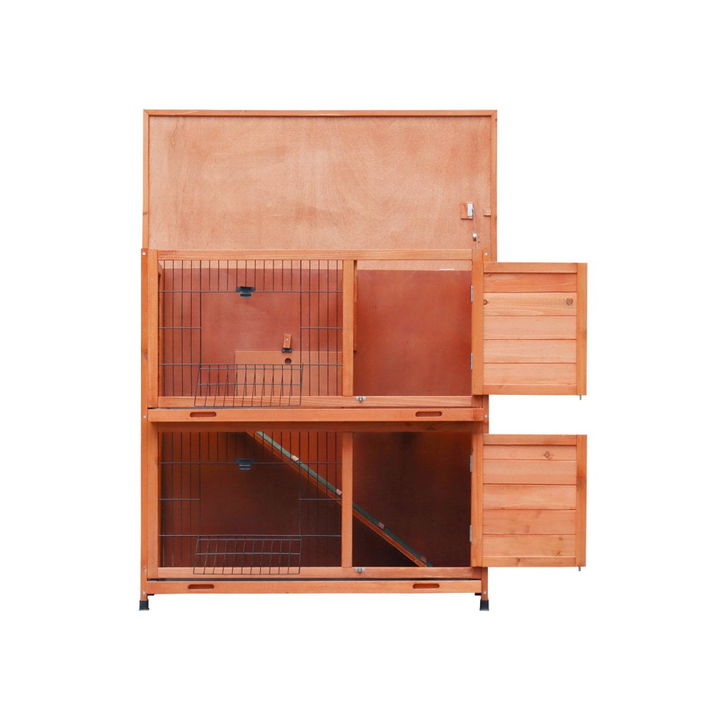 Hassch 41" 2-Story Wooden Rabbit Hutch Bunny Cage Small Animal Habitat Guinea Pig House with Non-Slip Ramp, Removable No Leak Tray and Weatherproof Roof, Outdoor/Indoor, Natural Wood
