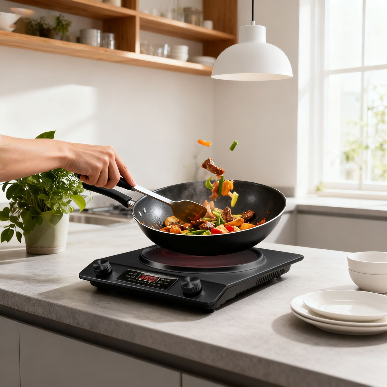 3500W Commercial Induction Cooktop - Portable Multifunctional Design with LCD Display, Knob Control, 10 Temp Settings & Concave Coil for Home/Restaurant/Food Truck,Black