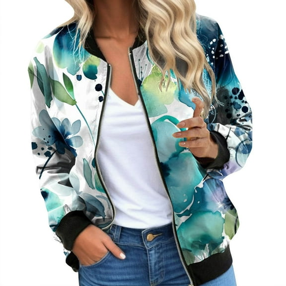 Womens Fall Jackets Floral Print Baseball Long Sleeve Zip Up Loose Bomber Casual Windbreaker Fall Coat