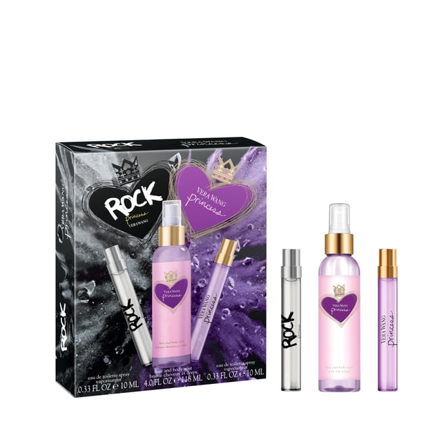 Vera Wang Princess + Rock Princess, Body Mist y Eau de Toilette Spray (2) Set de regalo de 3 piezas, notas de melocotón, jazmín y vainilla, fragancia para mujer, larga duración, fragancia diaria