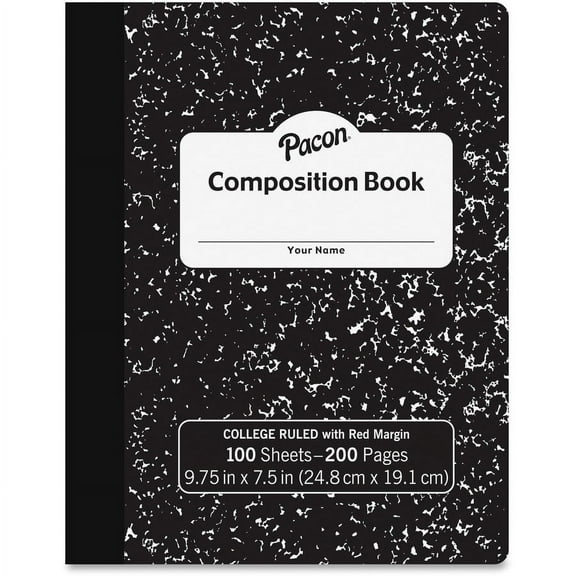 Pacon Composition Book - 100 Sheets - 200 Pages - College Ruled - 0.28" Ruled - 9.75" x 7.5"0.1" - White Paper - Black Marble Cover - Durable, Hard Cover - 1 Each | Bundle of 5