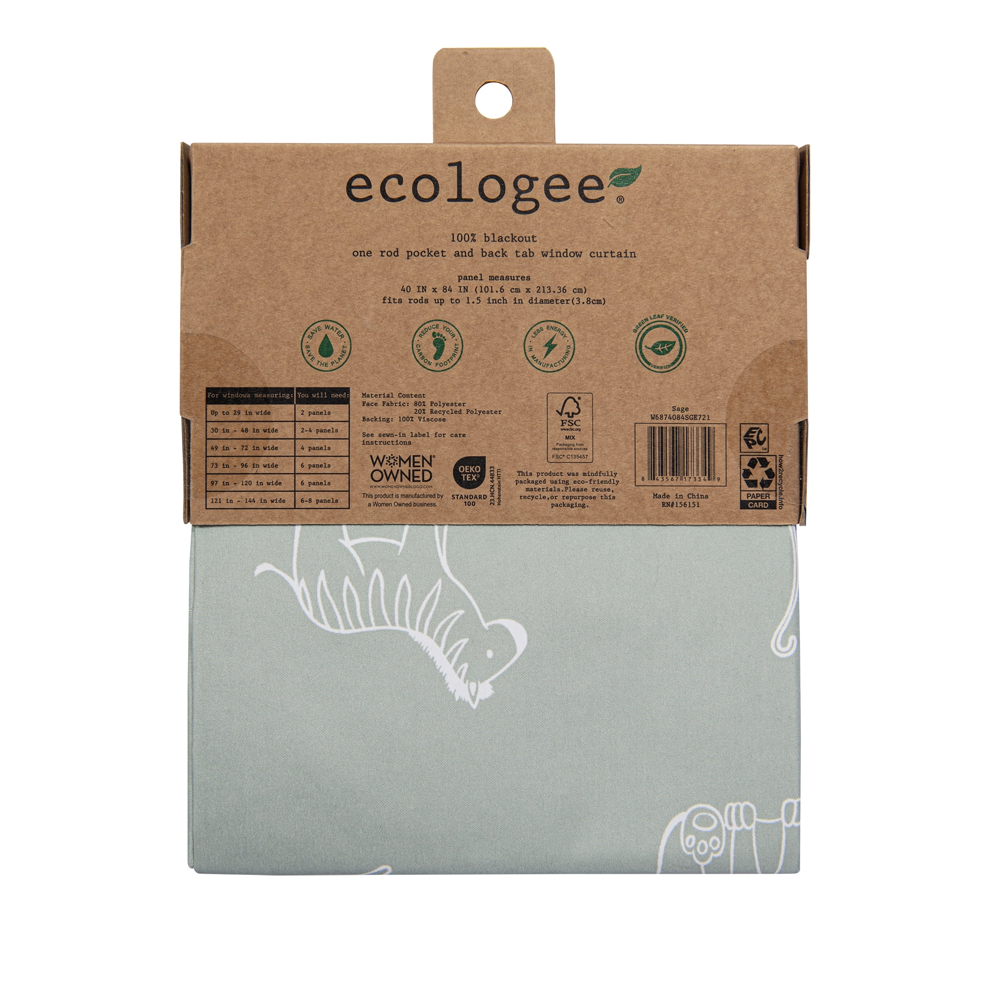 Ecologee Sage Safari Kids 100% Blackout Curtain, Recycled Fabric, 84 inch Panel