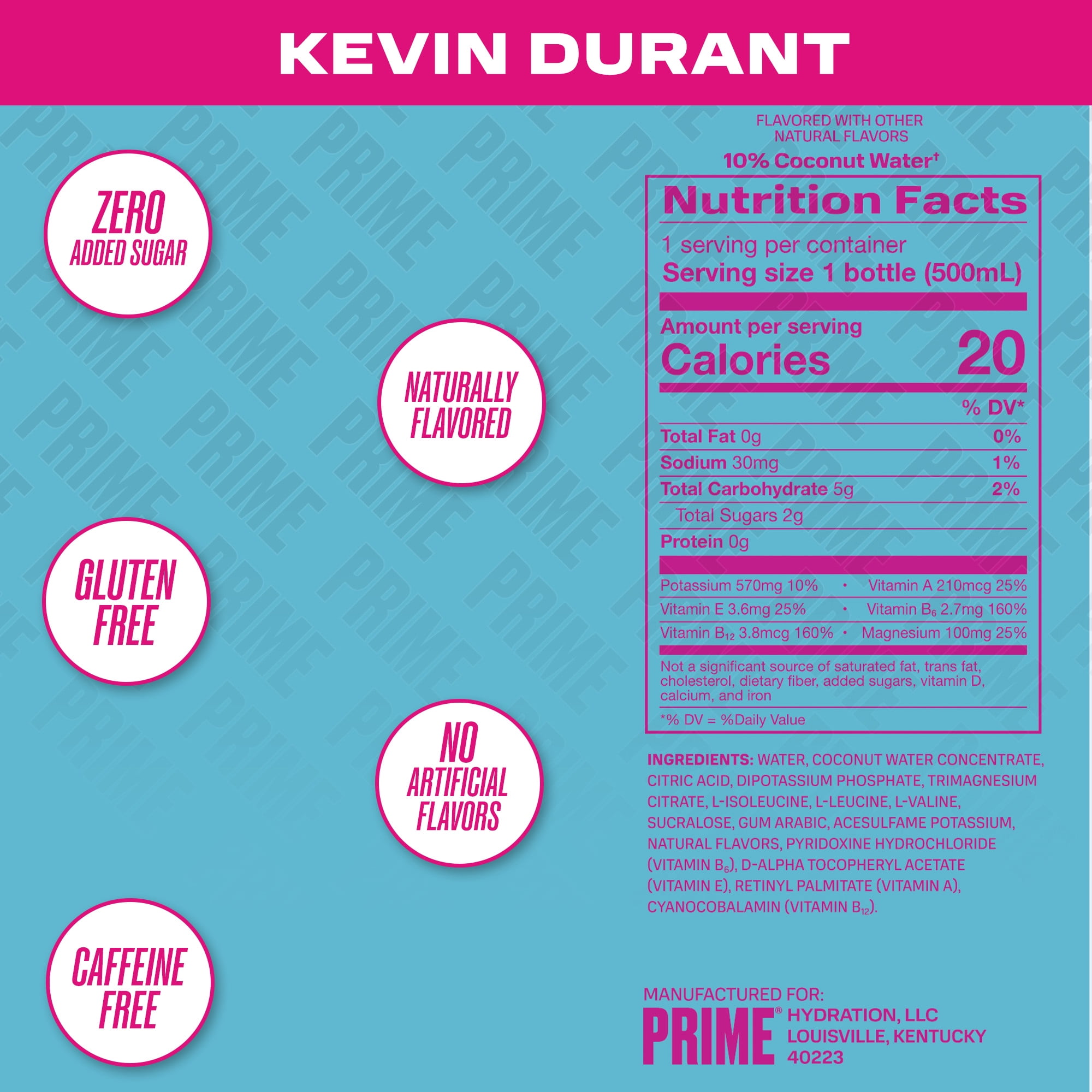 Prime Hydration Sports Drink, Kevin Durant, 16.9 fl oz, 12 Pack, Bottles