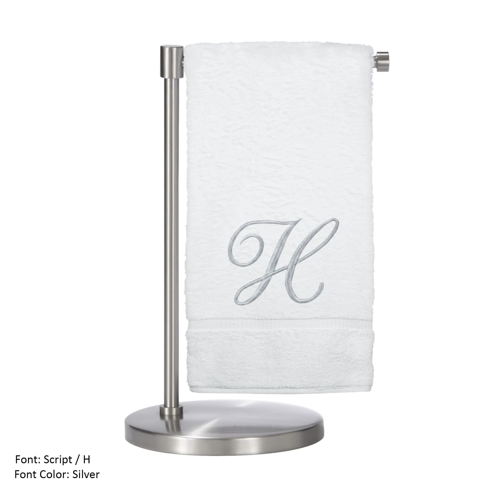 Monogrammed Bath Towel, Personalized Gift, 27 x 54 inches - Set of 2 - Silver Script Embroidered Towel - 100% Turkish Cotton- Soft Terry Finish - for Bathroom or Spa - Script H White