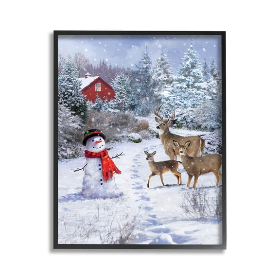 Stupell Industries Reindeer & Snowman Landscape Landscape Painting Black Framed Art Print Wall Art, 11 x 14
