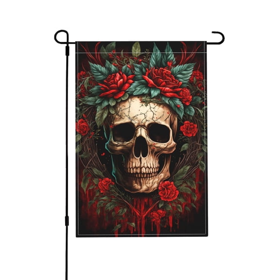 TEQUAN Devil Evil Skull Flowers Garden Flags, 18 x 12 inch Double Sided Linen Outdoor Flag for Holiday Farmhouse Yard Home Decor