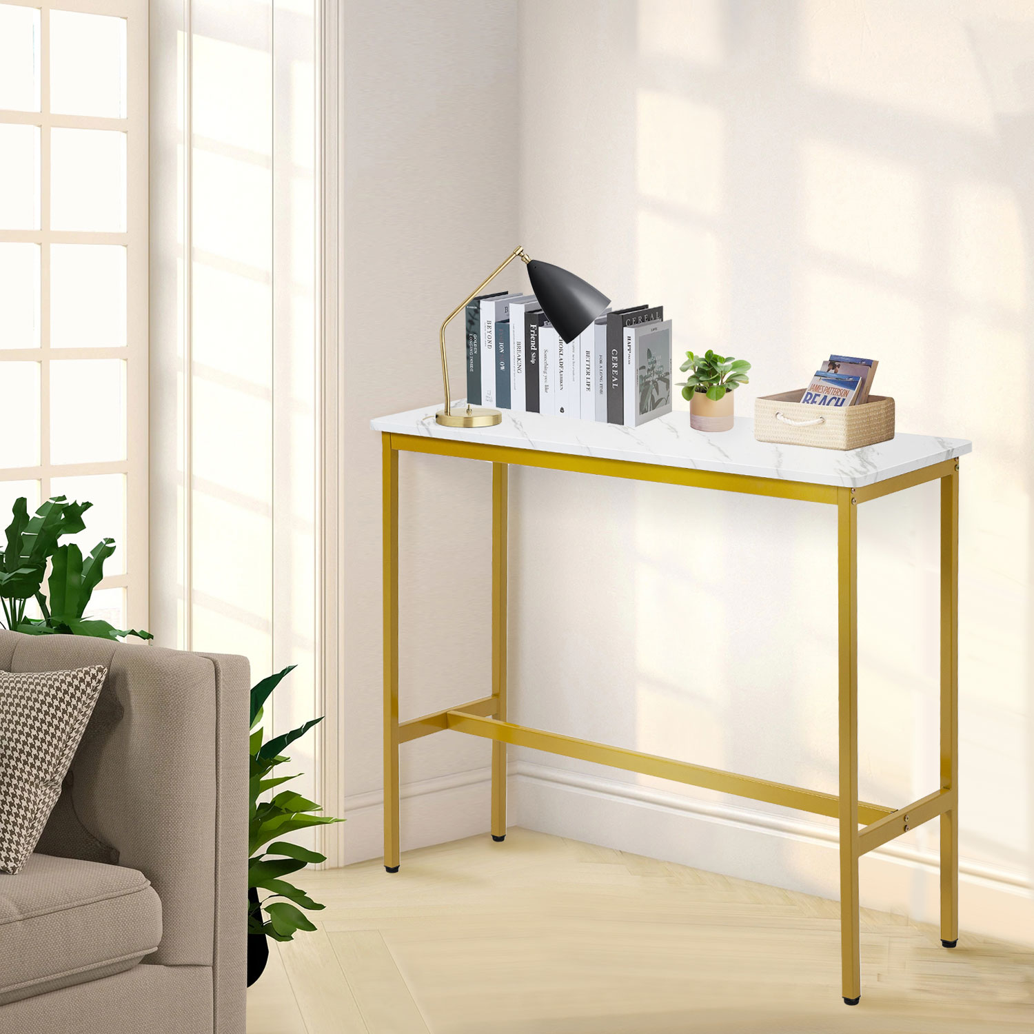 44.5" Bar Table, Pub Table, Narrow Rectangular Dining Table, Kitchen Counter Table, High Top Mdf Table, Sofa Table with Sturdy Metal Legs