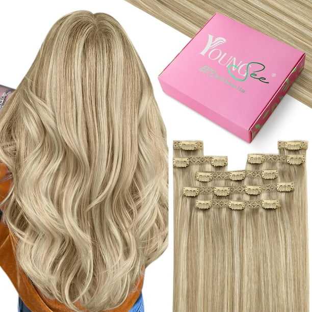 Extensiones de cabello con clip YoungSee, extensiones de cabello humano con clip de encaje, extensiones de cabello humano real, rubio ceniza oscuro, reflejos, rubio dorado, extensiones de cabello huma