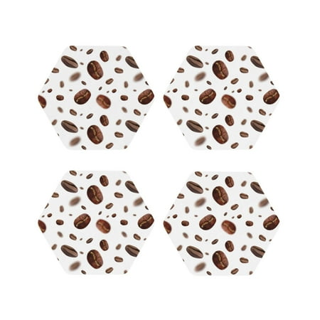 

Leather Coasters Set of 4 - Brown Coffee Bean Print White Lightweight Non-Slip Drink Coasters for Desk Anti-Scalding Desk Cup Coasters for Office Table Decor Hexagon
