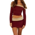 thumbnail image 2 of Women Y2K 2 Piece Skirts Set Long Sleeve Off-shoulder Slim Fit Crop Top Low Rise Mini Skirts Party Clubwear, 2 of 6