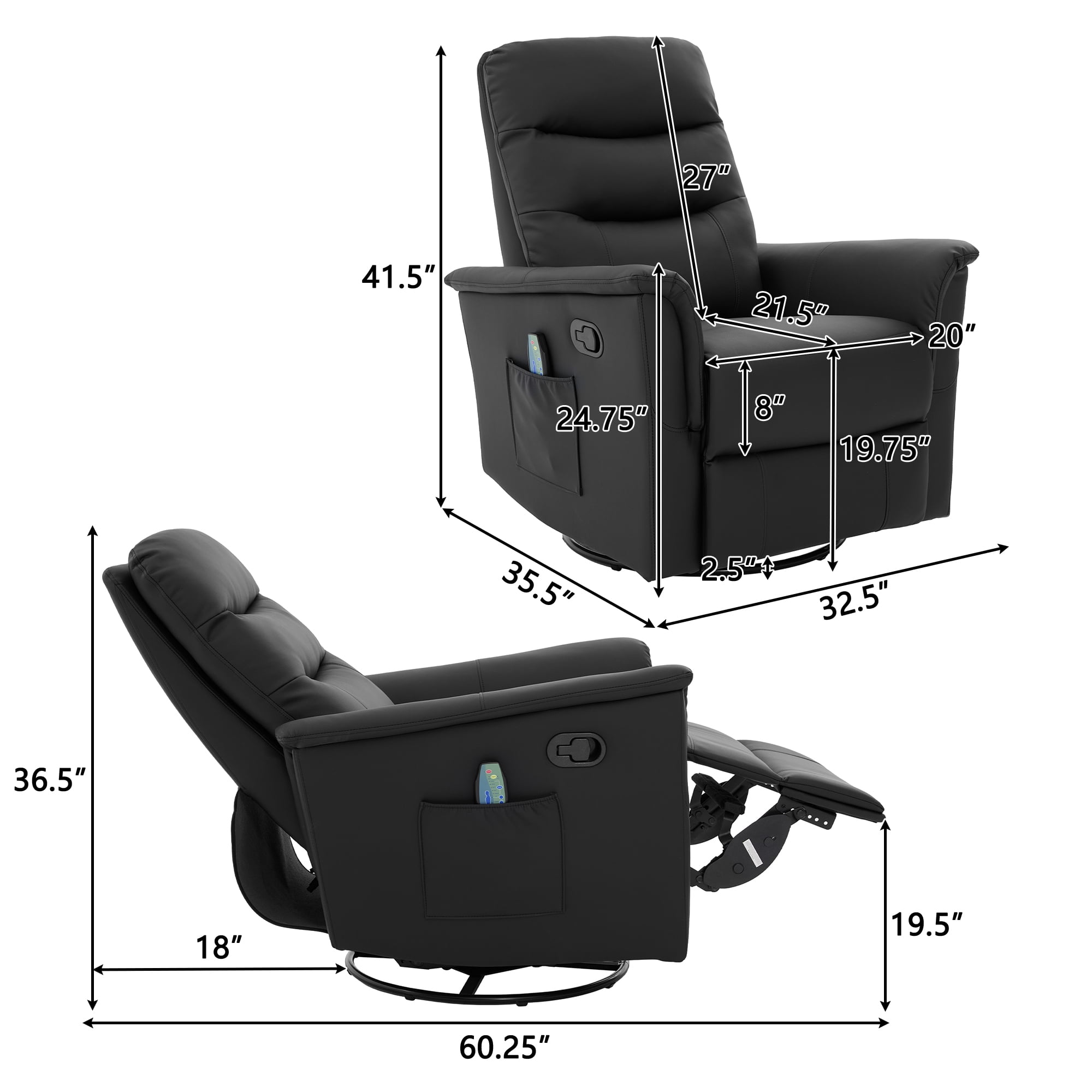 Euroco Manual Recliner Chair, 270° Swivel Rocker Chair with 8-Point Massage Function and Adjustable Backrest,Nursery Rocking Recliner for Living Room, Bedroom and Nursery,Black