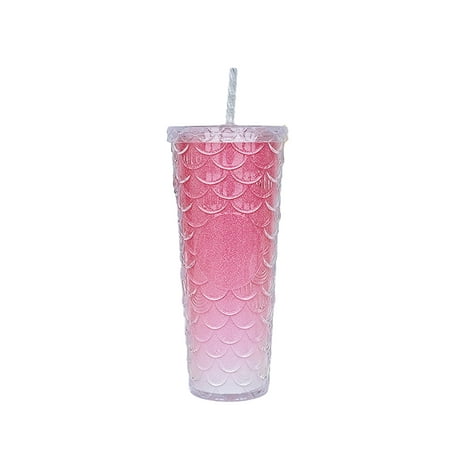 

JANGSLNG 700ML Drinking Cup Leak-proof Eco-friendly High Capacity Fashion Creative Double Insulation PS Material Fish Scale Drinking Straw Cup Daily Use