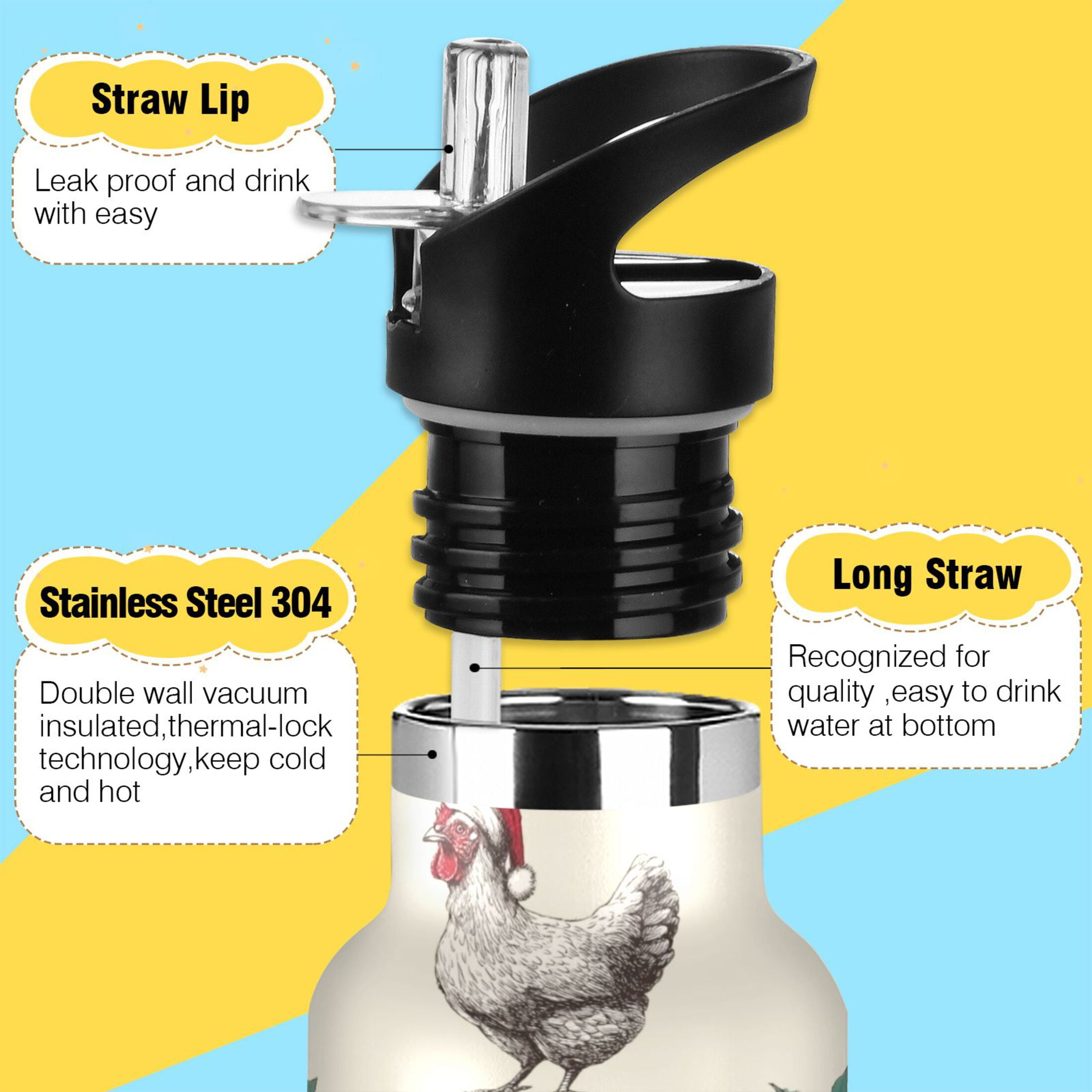 Kids Insulated Stainless Steel Sports Water Bottle 600ml (20oz) Bow and Chickens