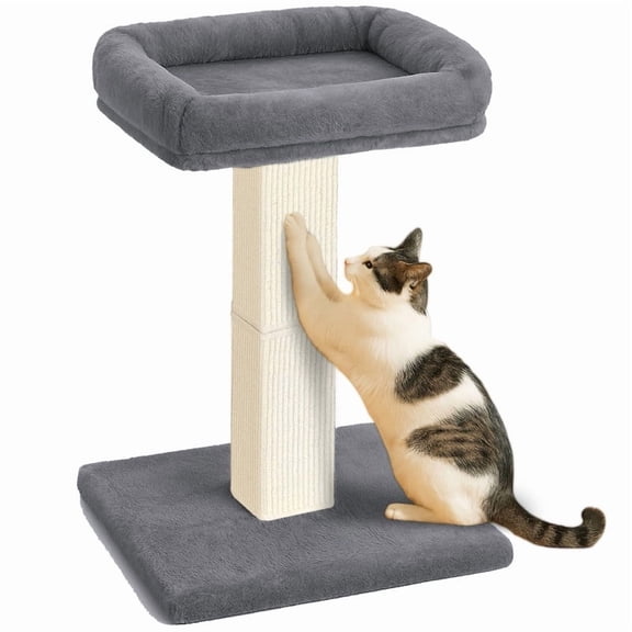 PAWSCRAT Cat Scratching Post, 32”Cat Scratcher with Large Plush Perch, Sisal & Carpet Scratching Post, Vertical Posts with Elevated Bed for Indoor Cats, Removable& Washable Cover, Grey