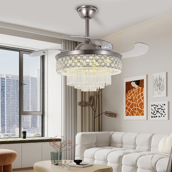 FINE MAKER 42" Remote Ceiling Fan with Light 3 Tier Crystal Fandelier Reversible Invisible Blades Chandelier with Fan 6 Speed 3 Color Light Kit for Living Room Dining Room Chrome Finish